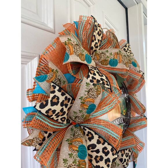 Happy Harvest Thankful Pumpkin Fall Deco Mesh Ribbon Leopard Cheetah Wreath - Picture 3 of 7